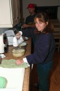 Helen mashing potatoes for Xmas dinner in Cameron Park 12-25-04